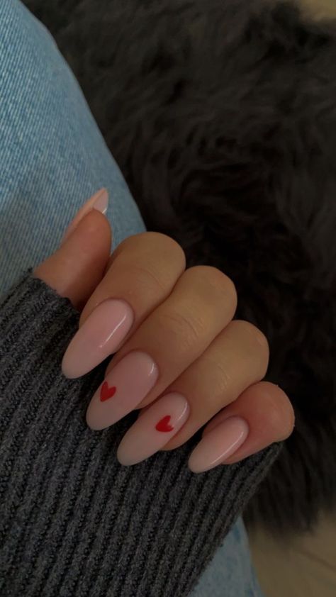 Baby Pink Valentines Day Nails, Nails Acrylic Almond Valentines, Almond Acrylic Nails Valentines, Clear Pink Nails With Heart, Valentines Nail Aesthetic, Baby Pink Valentines Nails Almond, Valentine’s Day Nail Almond, Cute Heart Nails Acrylic, Light Pink Red Heart Nails