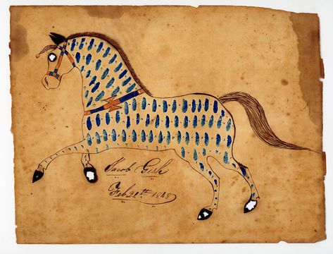 Jacob Gish, “Horse”, United States, Feb 24, 1848, Watercolor on paper, 8 × 10 in., Collection American Folk Art Museum, New York, Gift of Zipporah Fleisher, 2000.19.1. Photo by American Folk Art Museum. Horse Mural, Museum New York, Horse Illustration, Equestrian Art, Paint Effects, American Folk Art, Equine Art, Print Inspiration, Watercolor On Paper