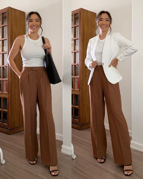 Tailored Pants Women Outfits, Trouser Wide Leg Outfits, Wide Leg Business Outfit, Wide Leg Pant Styling, Womens Tailored Pants, Camel Wide Leg Trousers Outfit, Brown Tailored Pants Outfit, Wide Leg Tailored Pants Outfit, Shoes For Trousers