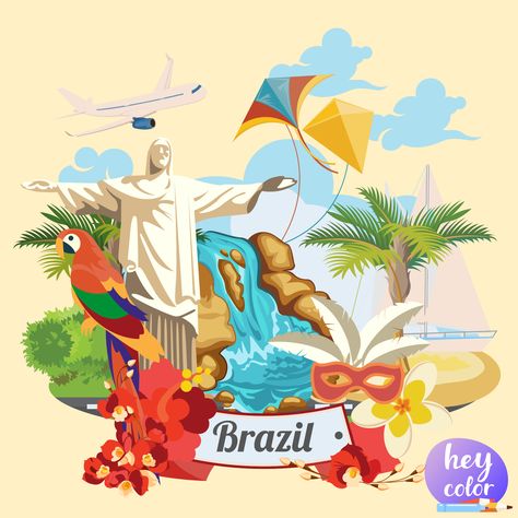 Hawaiian Painting, Symbols Illustration, Brazil Art, Brazil Country, Brazil Carnival, Graphic Design Infographic, Brazil Flag, Vector Portrait, Modern Poster