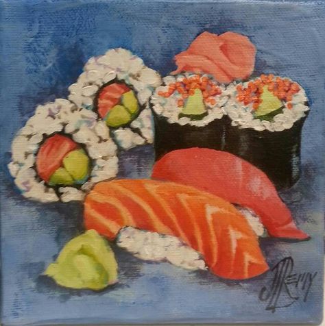 Sushi Oil Painting, Sushi Painting Acrylic, Sushi Painting, Sushi Drawing, Painting Food, Gcse Art Sketchbook, Sushi Art, Texas Artist, Food Painting