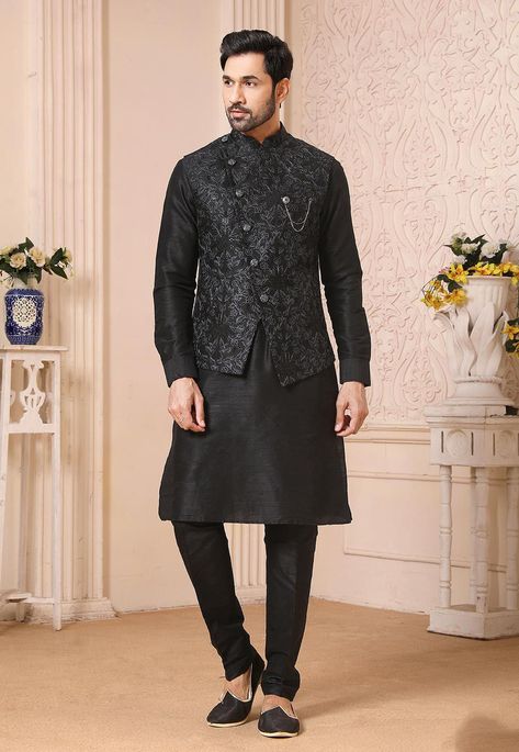 Kurta Pyjama With Jacket, Mens Indian Wear, Kurta Pajama Men, Vs Image, Black Kurta, Men's Wedding Outfit, Indian Wedding Outfit, Outfit 2023, Kurta Pyjama