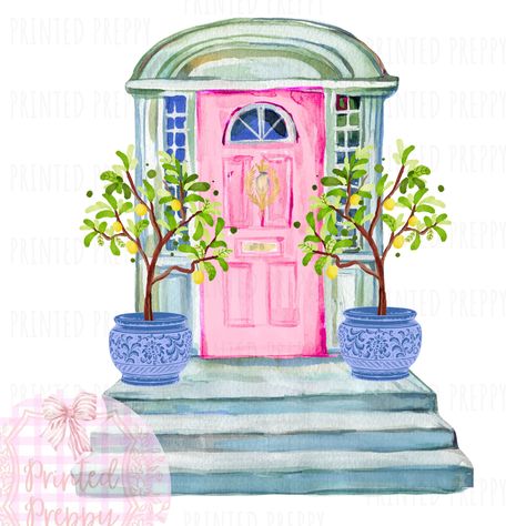 Grandmillennial Decor, Door Png, Preppy House, Blue And White Decor, Pink Front Door, Lemon Trees, Chinoiserie Design, Rosé Png, Blue White Decor