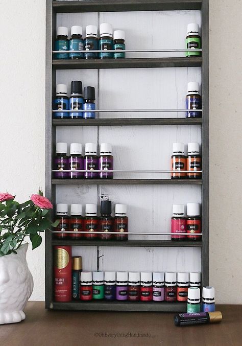 VIDEO TUTORIAL: Essential Oil Shelf Organizer or nail polish storage shelf building plan featured on Remodelaholic.com Essential Oil Display, Ladder Shelf Diy, Essential Oil Rack, Oil Display, Essential Oils Organization, Oil Rack, Oil Shelf, Diy Crafts Ideas, Dad Crafts