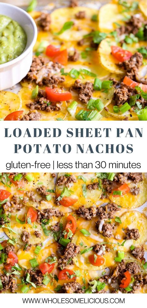 Healthy Potato Nachos, Potato Chip Nachos Recipe, Sweet Potato Nachos With Ground Turkey, Potatoe Nachos Recipe, Sheet Pan Sliced Potatoes, Gluten Free Nachos Recipe, Loaded Potato Nachos, Potato Nachos Pioneer Woman, Loaded Burger Sweet Potato Sheet Pan