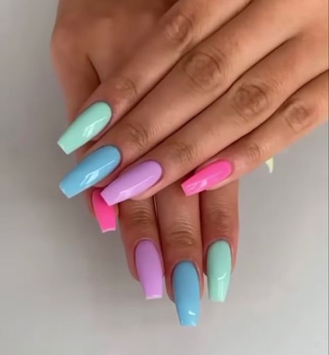 Acrylic Nails One Hand Different Color, Multicolor French Tip Nails Coffin, Color Family Nails, Three Color Nail Ideas, Nails Acrylic Different Colors, Coffin Rainbow Nails, Different Shade Nails Acrylic, Different Colour Nails On Each Finger, Different Color Summer Nails