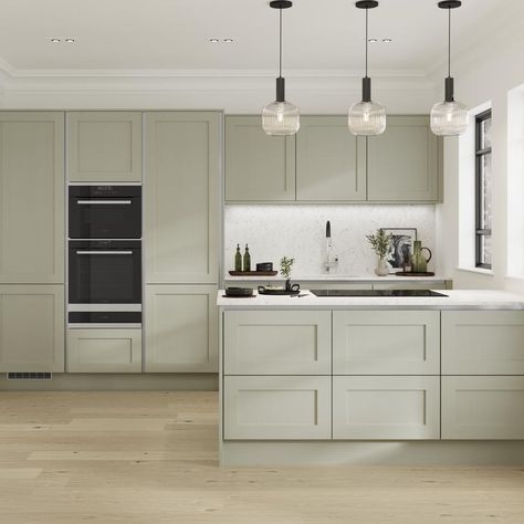 Sage And Marble Kitchen, Modern Sage Kitchen, Sage White Kitchen, Handleless Shaker Kitchen, Sage And White Kitchen, Sage Green And Wood Kitchen, Sage Green Shaker Kitchen, Sage Green And White Kitchen, Howdens Chilcomb