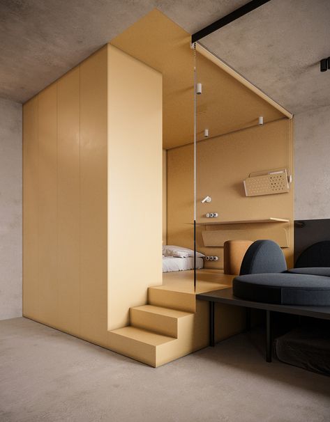 Minimalist Studio Apartment Small Spaces, Room In Room, Tiny Apartments, Small Apartment Design, Small Space Design, Small Hotel, Tiny House Interior, Tiny Apartment, Studio Design