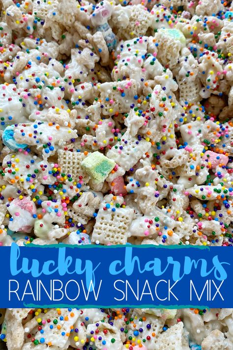 Lucky Charm Snacks, Rainbow Chex Mix Recipes, Rainbow Snacks Preschool, Lucky Charms Puppy Chow, Lucky Charms Dessert Ideas, Lucky Charms Ideas, Lucky Charms Trail Mix St Pattys, Lucky Charm Marshmallow Recipes, White Chocolate Cereal Snack