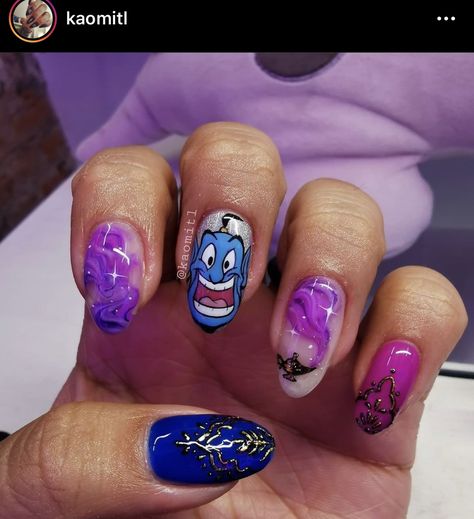 Genie From Aladdin, Acrylic Dip Nails, Disney Princess Nails, Disneyland Nails, Cartoon Nail Designs, Disney Inspired Nails, Witch Nails, Gel Nail Art Designs, Finger Nail Art