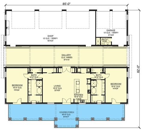 Enjoy the work / life balance provided by this Barndominium home plan which combines the 2-bedroom living space with an oversized workshop and garage. This 17'-deep front porch defines rural living and grants access to the heart of the home, as well as each of the bedrooms. The kitchen, living, and dining spaces are open to one another and centrally located. The kitchen island delivers a sizable eating bar for casual meals and a window above the sink offers forward-facing views. The bedroom suit House Floor Plans 2 Bedroom, Floor Plans 2 Bedroom, Barndominium House Plans, Barndominium Home, Garage To Living Space, Barn Homes Floor Plans, Workshop Plans, Barndominium Plans, Pole Barn House Plans