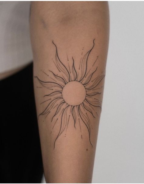 Wrapped Arm Tattoos For Women, Tattoo Ideas Female Inside Arm, Elbow Sun Tattoos For Women, Sun On The Shoulder Tattoo, Fingerprint Sun Tattoo, Womens Sun Tattoo, How Soon Is Now Tattoo, Sun Tattoo Above Elbow, Elbow Compass Tattoo