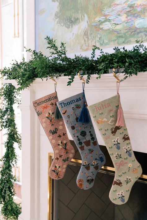 My Favorite Stocking Stuffers - Julia Berolzheimer Classic Christmas Stockings Ideas, Unique Stockings Christmas, Heirloom Christmas Stocking, Diy Embroidered Stocking, Needle Point Stockings Christmas, Mismatched Stockings Christmas, Cute Christmas Stocking Ideas, Vintage Christmas Stockings Ideas, Stocking Embellishments