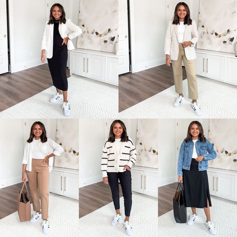 adidas / workwear / work outfits / office outfits / sneakers / cardigan / blazer / black sweater dress / tote Leggings And Blazer Outfit Work, Work Dress With Sneakers, Office Outfits Sneakers, Workwear With Sneakers, Work Outfits Office, Work Outfit Office, Cardigan Blazer, Work Fits, Crepe Blazer