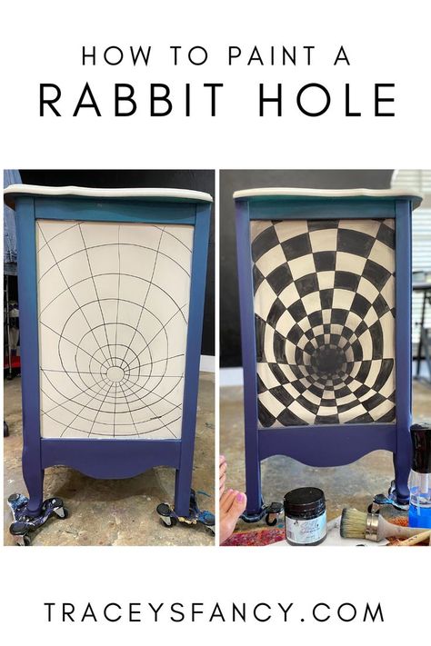 Mad Hatter Painted Furniture, Paintings On Furniture Art, Alice And Wonderland Bedroom Ideas, Quirky Painted Furniture, Mad Hatter Furniture, Alice In Wonderland Furniture Diy, Subtle Alice In Wonderland Decor, Whimsical Painted Furniture Dressers, Art On Furniture Painted