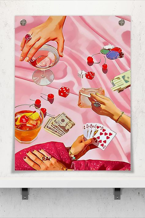 vintage poster of girls poker game night with martinis, cocktails, cigarettes, money, cigarettes and a pink table cloth which serves as the background Sassy Paintings, Girls Poker Night, Poker Painting, Galentines Night, Diamond Dots, Diamond Art Kits, Maximalist Wall Art, Diamond Picture, Poker Night