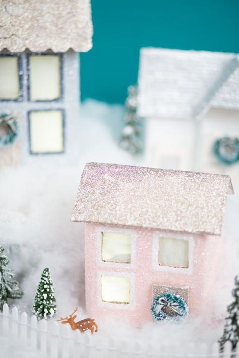 Christmas Village Houses Diy, Pink Christmas Village, Putz House, Diy Christmas Village, Sustainable Christmas, Christmas Houses, Christmas Stars, Christmas Village Houses, July Ideas