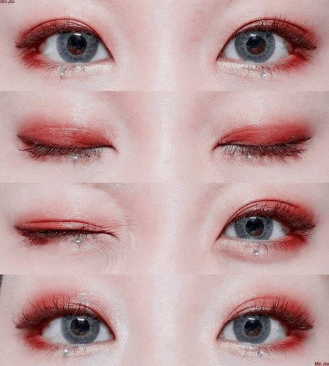 Long Eye Makeup, Red Makeup Under Eyes, Korean Makeup Red Eyeshadow, Japanese Red Eye Makeup, Chinese Red Makeup, Soft Red Makeup Looks, Hood Eye Makeup, Red Eye Makeup Tutorial, Red Eye Drawing