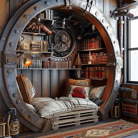 Ville Steampunk, Curio Decor, Steampunk Bedroom, Steampunk Interior, Reading Spaces, Steampunk Furniture, Brewery Design, Spaceship Interior, Steampunk Industrial