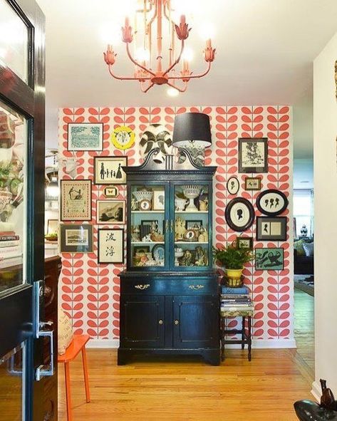 . Wallpapered Entryway, Beautiful Entryways, Orange Chair, House Tour, Mid Century House, A Living Room, Apartment Therapy, China Cabinet, Credenza