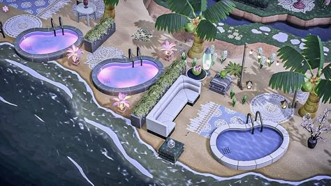 Acnh Pool House, Swimming Pool Animal Crossing, Pool Area Acnh, Animal Crossing Pool Ideas, Acnh Pool Ideas, Acnh Tide Pool Design, Animal Crossing Side Beach Ideas, Animal Crossing Beach Spa, Acnh Swimming Pool Area