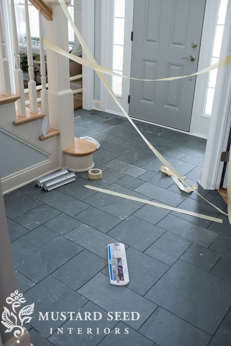 Montauk Blue Slate Tile Floors | Two Years Later | Miss Mustard Seed Black Slate Mudroom Floor, Gray Tile Entryway, Dark Blue Floor Tile, Slate Tile Entryway, Montauk Black Slate Floor, Foyer Tile Ideas Entryway, Blue Slate Tile, Tile Foyer, Slate Tile Floors