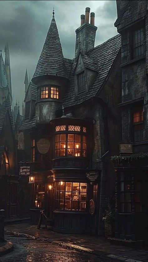 Diagon Alley Aesthetic Wallpaper, Diagon Alley Harry Potter, Diagon Alley Fan Art, Nocturn Alley Harry Potter, Diagon Alley Painting, Dark Fantasy City Aesthetic, Diagon Alley Art, Dark Fantasy Buildings, Cartographer Aesthetic