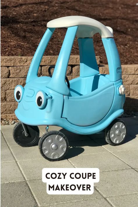 Little Tikes Cozy Coupe Makeover - DIY I'm Home Paint Cozy Coupe, Little Tikes Makeover, Car Makeover, Cozy Coupe Makeover, Cozy Couple, Blue Mustang, Canvas Drop Cloths, Kids Rooms Diy, Mustang Convertible