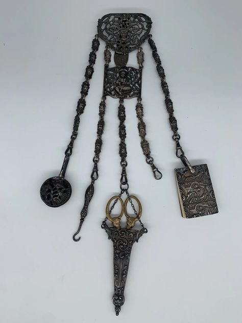 Antique victorian chatelaine Sewing Belt Clip chain scissors Hook Notepad Buddha | eBay Victorian Accessories, Clothes Clips, Lalique Crystal, Harry Potter Outfits, Chatelaine, Victorian Jewelry, Historical Fiction, Antique Victorian, Silver Charms