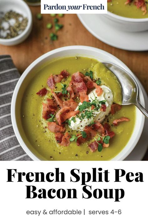 Split Green Pea Recipes Soups, Split Pea Soup With Bacon Recipes, French Canadian Pea Soup, Pea Soup With Bacon, Classic Split Pea Soup, Green Split Pea Soup, Green Pea Soup, Bacon Soup Recipes, Green Split Peas