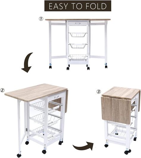 Amazon.com - Fit Choice 5 in 1 Kitchen Island with 3 Spice Rack and 1 Drawer Portable Folding Kitchen Island Storage WWheels Pantry Cabinets Bar Cart WBaskets Durable White WExtra Support ISLAND02 ISLAND02 - Storage Islands & Carts Functional Kitchen Storage, Kitchen Prep Table, Kitchen Carts On Wheels, Folding Kitchen, Island Storage, Kitchen Island Storage, Mobile Kitchen Island, Kitchen Island On Wheels, Mobile Shelving