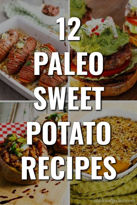 Looking for healthy Fall recipes? Try these 12 Paleo Sweet Potato Recipes For Fall Meals - They're easy and healthy! Paleo Sweet Potatoes Recipes, Aip Sweet Potato Recipes, Sweet Potato Casserole Paleo, Paleo Chicken Sweet Potato Recipes, Paleo Stuffed Sweet Potato, Paleo Sweet Potato Recipes, Healthy Fall Recipes, Sweet Potato Dishes, Fall Meals