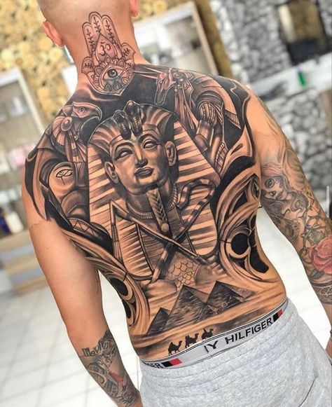 Egyptian Tattoo Back, Eygptain Tattoos Men, Pharaoh Tattoo Design, Egyptian Back Tattoo, Chest Tattoo Sketches, Pharaoh Tattoo, Wolf Girl Tattoos, African Sleeve Tattoo, Egyptian Eye Tattoos