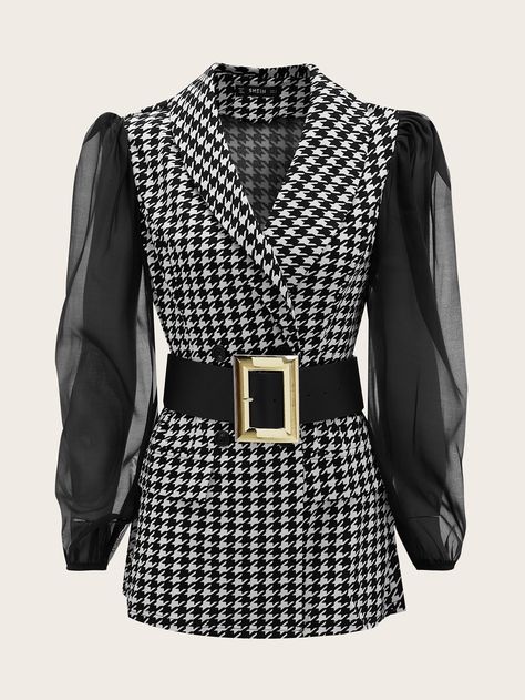 Shawl Collar Lantern Sleeve Houndstooth Pattern Buckle Belted Blazer | SHEIN USA Coat Collar Pattern, Blazer Sleeves, Blazer Pattern, Women Blazers, Women Suits, Women Blazer, Blouson Sleeve, Belted Blazer, Muslim Fashion Dress