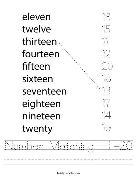 Number Matching 11-20 Worksheet - Twisty Noodle Eleven Twelve Thirteen Worksheet, 11 To 20 Number Names, Number 11 To 20 Worksheet, Number Words 11-20 Worksheets, Numbers 0-20 Worksheets, Number Names 11 To 20 Worksheet, Math Kg2 Worksheets, Number Spelling Worksheets, 11-20 Number Worksheets