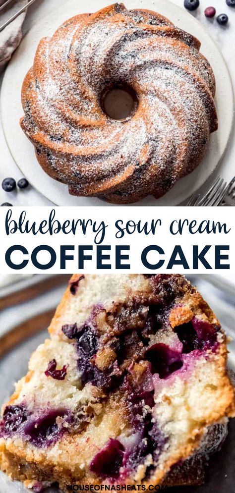 This moist Blueberry Sour Cream Coffee Cake is loaded with sweet blueberries, has a crumbly, cinnamon, streusel center, and is baked to perfection. All you need is a little dusting of powdered sugar for a wonderfully delicious breakfast, dessert, or afternoon treat! | blueberry sour cream coffee cake recipe | blueberry sour cream coffee cake bundt | blueberry sour cream coffee cake simple | blueberry coffee cake recipes sour cream Blueberry Sour Cream Coffee Cake Recipe, Sourcream Coffeecake, Sour Cream Blueberry Coffee Cake, Blueberry Sour Cream Coffee Cake, Blueberry Bundt Cake Recipes, Sour Cream Coffee Cake Recipe, Freezing Veggies, Coffee Cake Bundt, Blueberry Coffee Cake Recipe