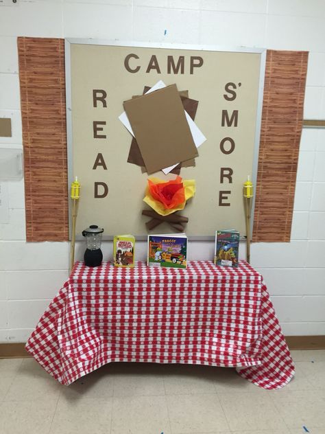 Camp Read S'more Camp Read S'more, Family Literacy Night Camping Theme, Camping Reading Theme, Camping Literacy Night, Camp Read A Lot Decorations, Happy Camper Book Fair, Family Literacy Night Activities, Literacy Night Activities, Camp Decorations