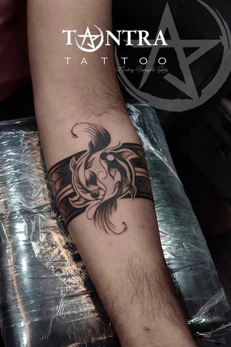 Band Tattoo Unique, Arm Band Dragon Tattoo, Male Arm Band Tattoo, Yin Yang Arm Band Tattoo, Forearm Band Tattoo Men Armband, Celtic Arm Band Tattoo For Women, Band Tattoo Ideas For Men, Wrist Band Tattoo Men Design, Full Wrist Tattoo