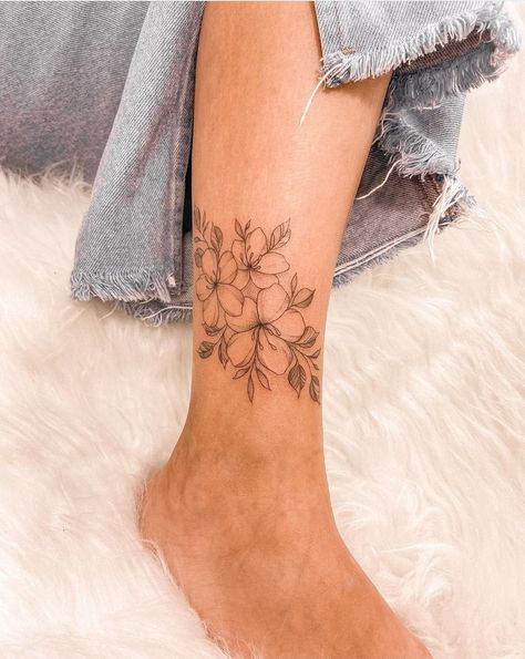 Inner Ankle Floral Tattoo, Inside Ankle Flower Tattoo, Libra Ankle Tattoo, Hawaiian Ankle Tattoos For Women, Carnation Ankle Tattoo, Floral Lower Leg Tattoo, Above Ankle Tattoos For Women, Inner Leg Tattoo Women, Ankle Tats For Women