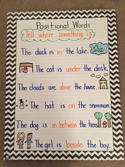 Positional Words Anchor Chart Kindergarten, Positional Words Anchor Chart, Opposites Kindergarten, Preposition Anchor Chart, Anchor Chart Kindergarten, Positional Words Kindergarten, Homework Notebook, Block Center Preschool, Positional Words Activities