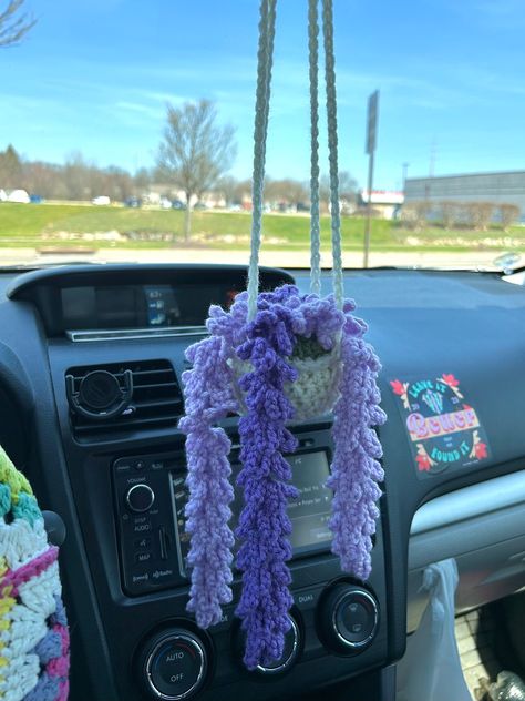 Made to order crochet lavender car hanging! Handmade by me with soft acrylic yarn. Attach by tying to rear view mirror or clipping to key hook. Optionally add dried lavender to fill your space with a clean aroma Car Interior Ideas, Lavender Car, Crochet Lavender, Lavender Crochet, Car Hangers, Crochet Car, Lavender Plant, Car Hanging, Anniversary Ideas