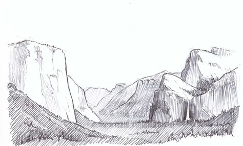 yosematie valley 8 Hatching Drawing, Yosemite Art, Mountain Sketch, Landscape Steps, Hills And Valleys, Landscape Sketch, Mountain Tattoo, Yosemite Valley, Landscape Features