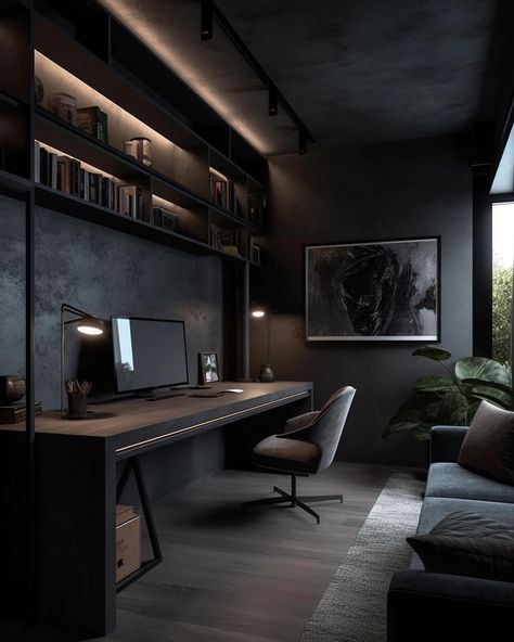 Dark And Moody Office Modern, Dark Luxury Home Interior, Modern Mens Home Office, Home Interior Design Industrial, Home Battlestation, Industrial Interior Design Studio, Small Black Office Ideas, Study Gaming Room, Industrial Black Bedroom