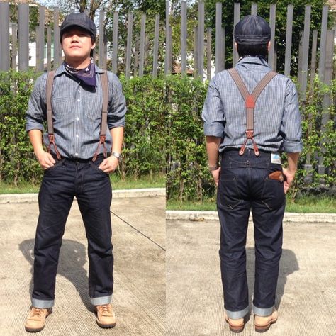 Jeans And Suspenders, American Casual Style, Denim Styling, Men's Denim Style, Clean Clothes, Bandana Style, Denim Shirt With Jeans, Bandana Styles, American Casual