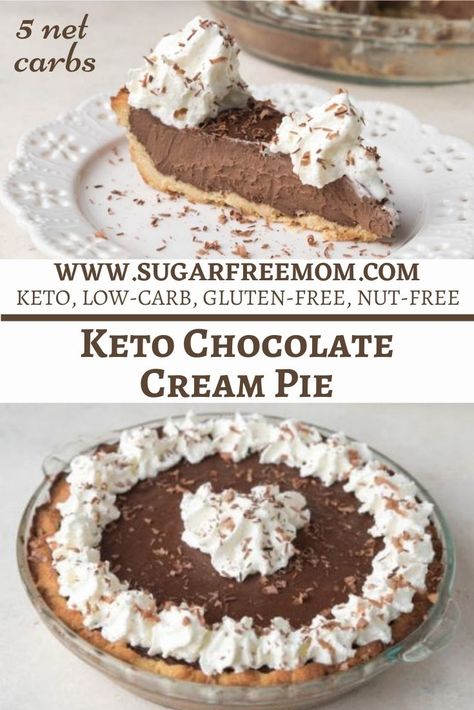 Sugar Free Keto Chocolate Cream Pie (Low Carb, Nut Free, Gluten Free) Keto Chocolate Cream Pie Low Carb, Keto Cream Pies, Keto Dessert Nut Free, Low Carb Pies Recipes, Keto Butterscotch Pie, Keto French Silk Pie, Keto Chocolate Pie Recipes, Sugar Free Desserts For Diabetics Pie, Nut Free Keto Desserts