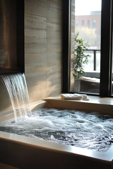 Zen Bathtub, Fountain Bathtub, Standalone Bathtub, Loft Bathrooms, Loft Bathroom Ideas, Floating Tub, Water Feature Ideas, Concrete Loft, Ideas For Bathrooms