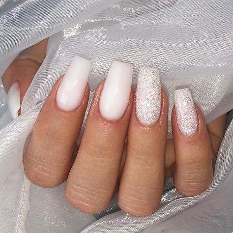 Milky ♡ ------ Products from @jet_set_beauty_nails ------ #nails #nailart #naildesign #nailpolish #nailstagram #instagood #instabeauty… Designs On Milky White Nails, Nail Inspo Milky White Design, Winter Nails Milky White, Milky White And Silver Glitter Nails, Nokti Za Vjencanje, Nokti Za Svadbu, Milky White And Glitter Nails, Milky White Winter Nails, Milky Christmas Nails