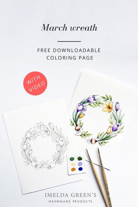 Downloadable colouring page - January floral wreath - watercolour tutorial | March Watercolor Floral Wreath Tutorial, Garden Drawings, March Flower, Watercolour Tutorial, May Flower, Watercolour Florals, Wreath Illustration, Printable Colouring, Watercolour Card