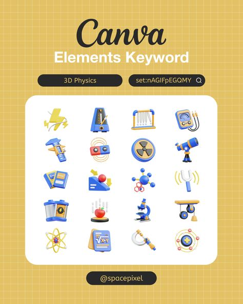 set:nAGIFpEGQMY | Canva Elements Keyword | Physics 3D Illustration Paste this keyword to the element tab on your Canva. Thank you very much. Have a nice day #canvaelementkeyword #canva #canvadesign #canvaelements #aestheticcanvadesigns #canva_element #creative #collections #designelement #canvaelement #canvapro #canva #element #keyword #template #3d #education #science #physics #spacepixel Science Elements, Science Physics, Elements Canva, Education Science, Canva Elements Keyword, Canva Element Keyword, Canva Element, Canva Elements, Canva Design