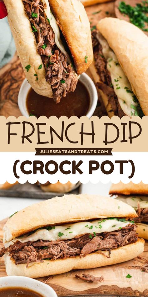 Easy to make a Father's Day dinner menu! This Crock Pot French Dip Sandwich recipe features tender roast beef piled high in a toasted hoagie roll with melted provolone cheese. Serve this hearty sandwich and pin for a Father's Day lunch idea! Easy Slow Cooker French Dip, Crockpot French Dip, French Dip Sandwich Recipe, French Dip Sandwich Crockpot, French Dips, Slow Cooker French Dip, French Dip Recipes, French Dip Crock Pot, Crock Pot Dips